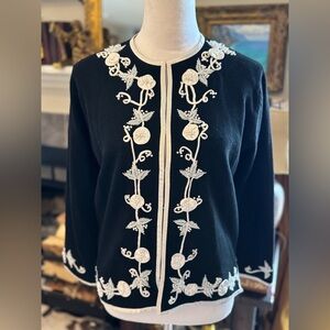 Beautiful Vintage Black Lined Cardigan with White Embroidery. Size 38/Small
